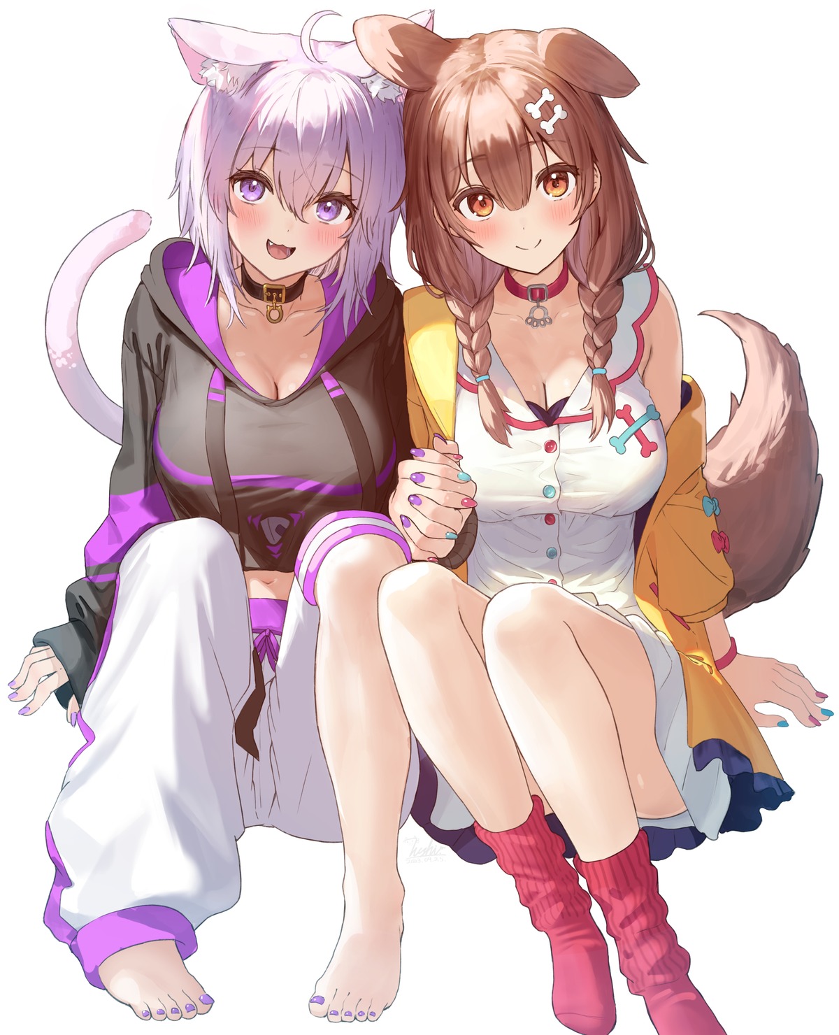 7uship animal_ears cleavage hololive hololive_gamers inugami_korone inumimi nekomata_okayu nekomimi tail