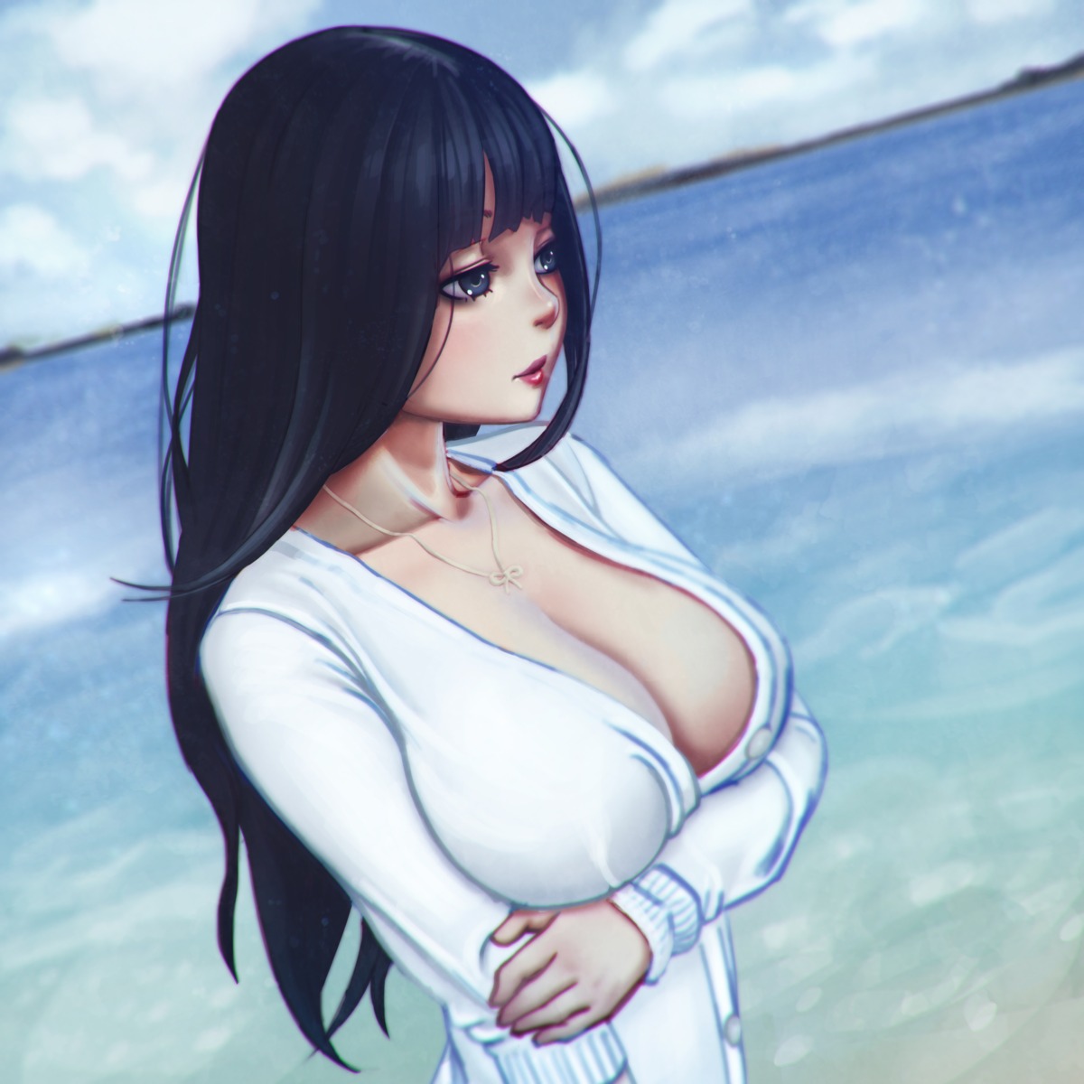 breast_hold cleavage no_bra open_shirt sweater xxnikichenxx