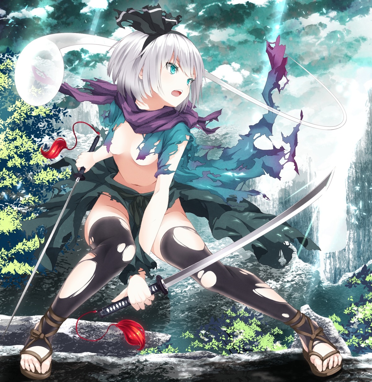 konpaku_youmu mikoma_sanagi myon no_bra nopan sword thighhighs torn_clothes touhou