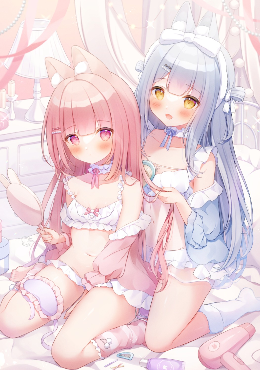 animal_ears bra bunny_ears lingerie loli omochi_monaka open_shirt see_through