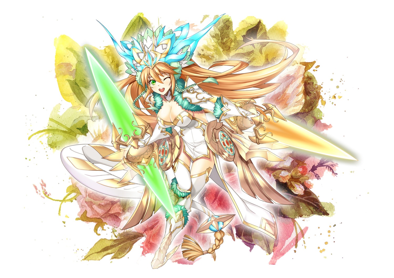 armor cleavage dress merufena no_bra puzzle_&_dragons sakuya_(puzzle_&_dragons) thighhighs weapon