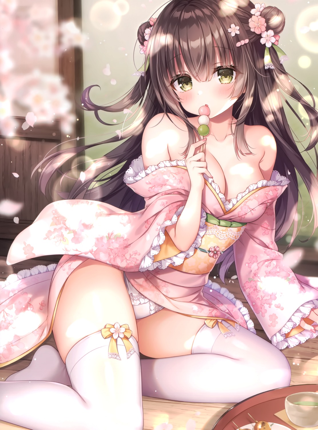 cleavage detexted japanese_clothes mitsuba_choco no_bra open_shirt pantsu skirt_lift thighhighs