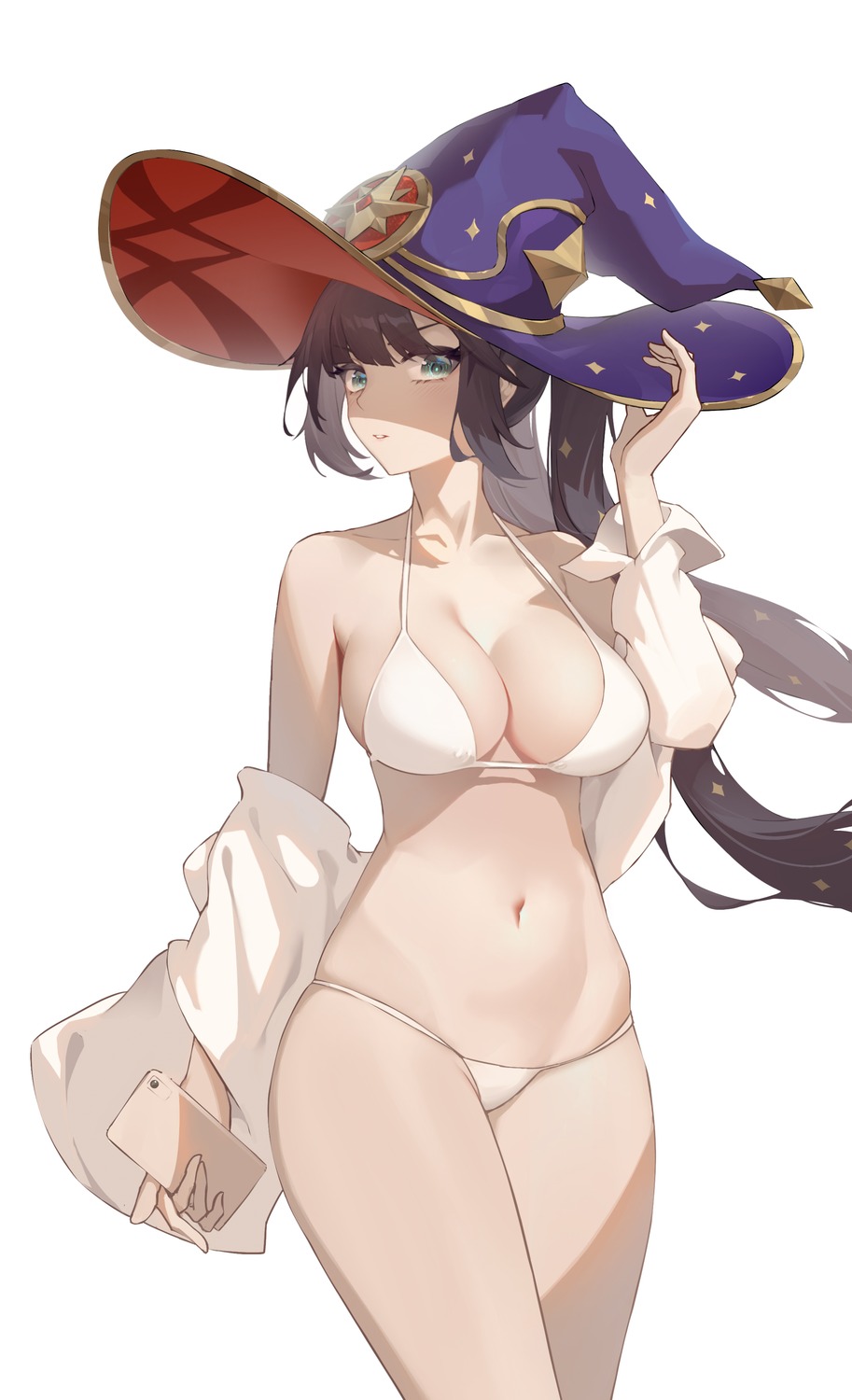 bikini genshin_impact heiyizhushenxia mona_megistus open_shirt swimsuits thong witch