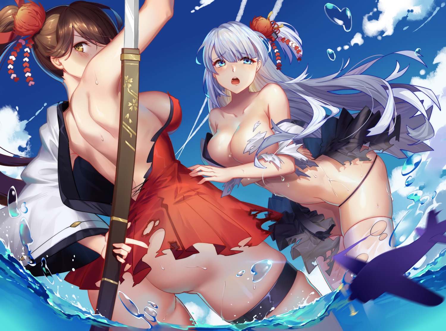 ass azur_lane breast_hold breasts dress garter maomaozi no_bra nopan shoukaku_(azur_lane) sword thighhighs torn_clothes wardrobe_malfunction wet zuikaku_(azur_lane)