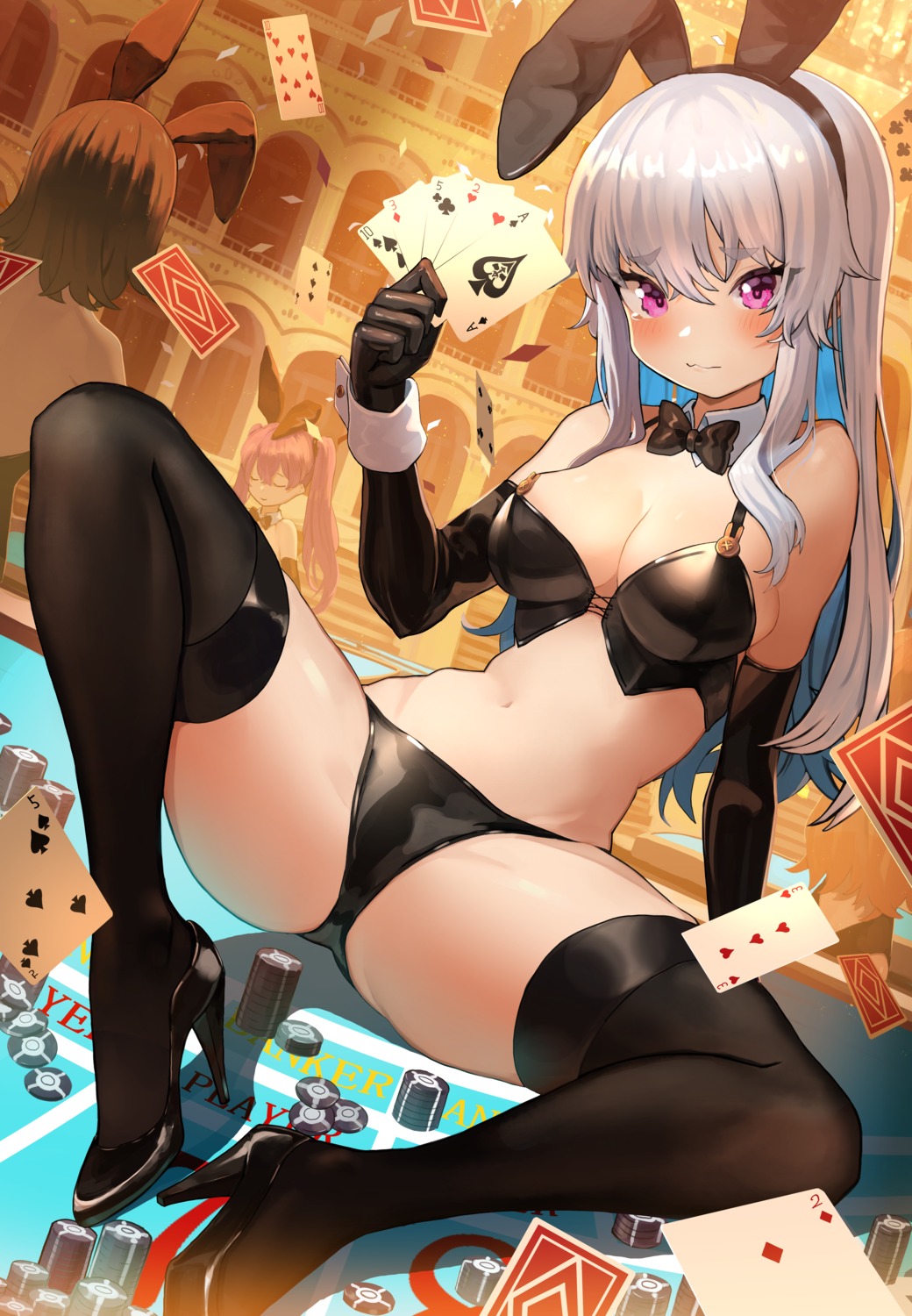 animal_ears bunny_ears bunny_girl cleavage heels moutama no_bra pantsu thighhighs