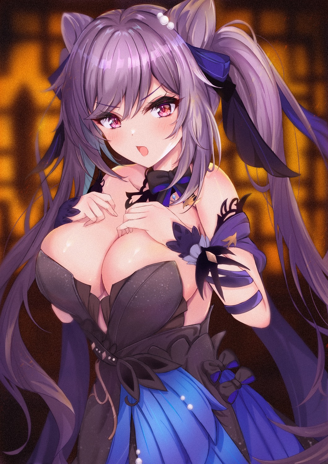 animal_ears breast_hold dress genshin_impact keqing mito_soosu no_bra