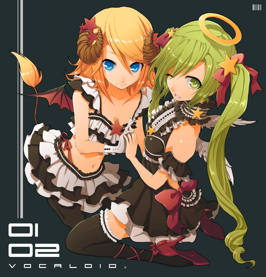 angel cleavage devil gothic_lolita hatsune_miku heels horns kagamine_rin lolita_fashion macco ochakai_shinya tail thighhighs vocaloid wings