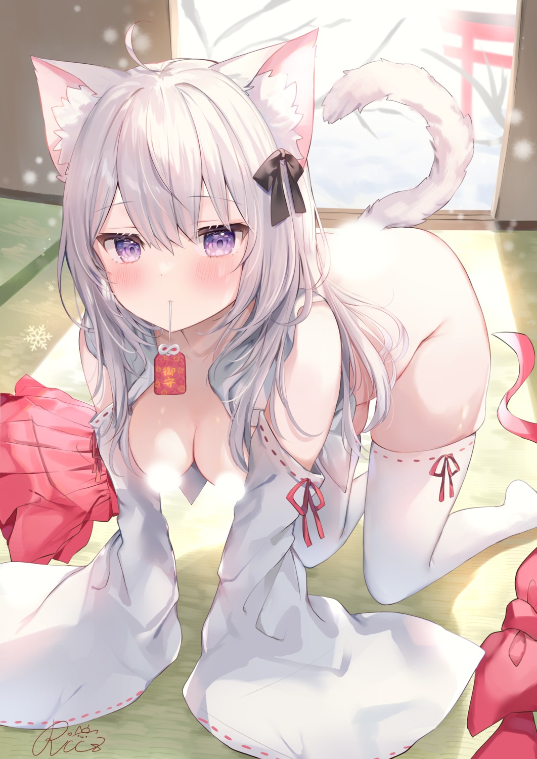 animal_ears bottomless breasts censored nekomimi no_bra open_shirt rukako tail thighhighs