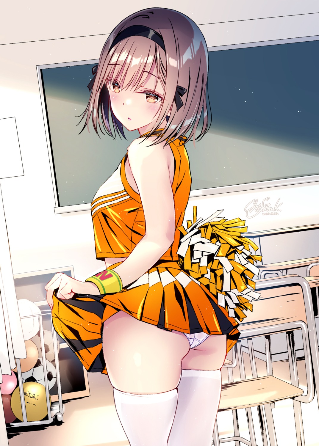 ass cheerleader kobayashi_chisato pantsu shishunki_complex skirt_lift thighhighs thong yamabuki_kurumi