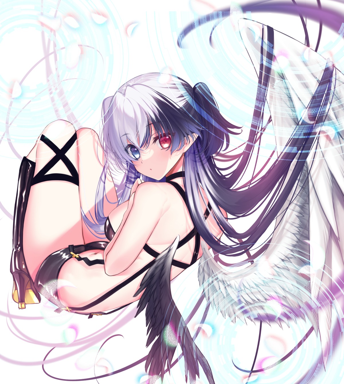 bra garter heels heterochromia pointy_ears tail tsurugi_hikaru wings