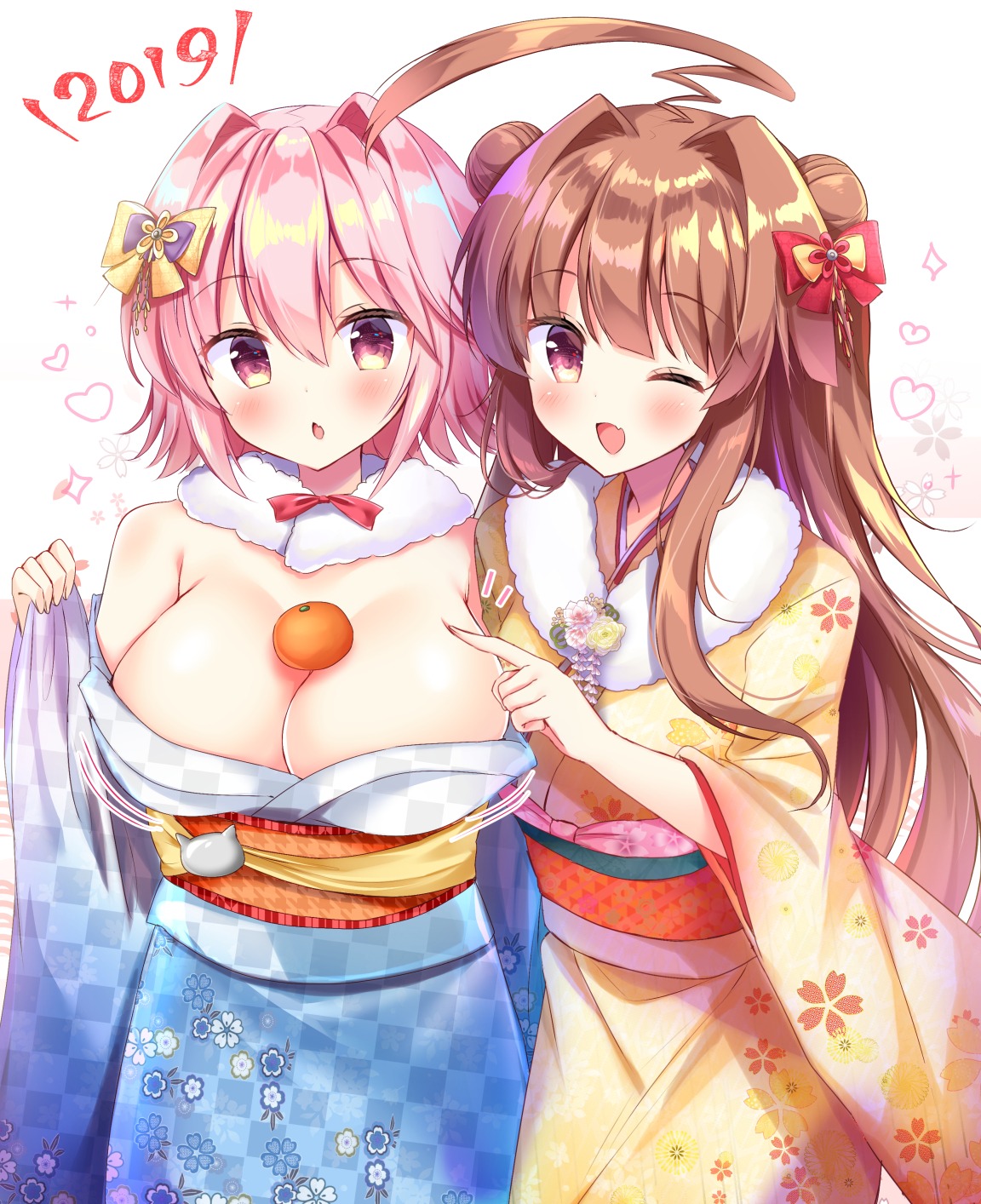 kantai_collection kimono kuma_(kancolle) no_bra open_shirt tama_(kancolle) yuimisu