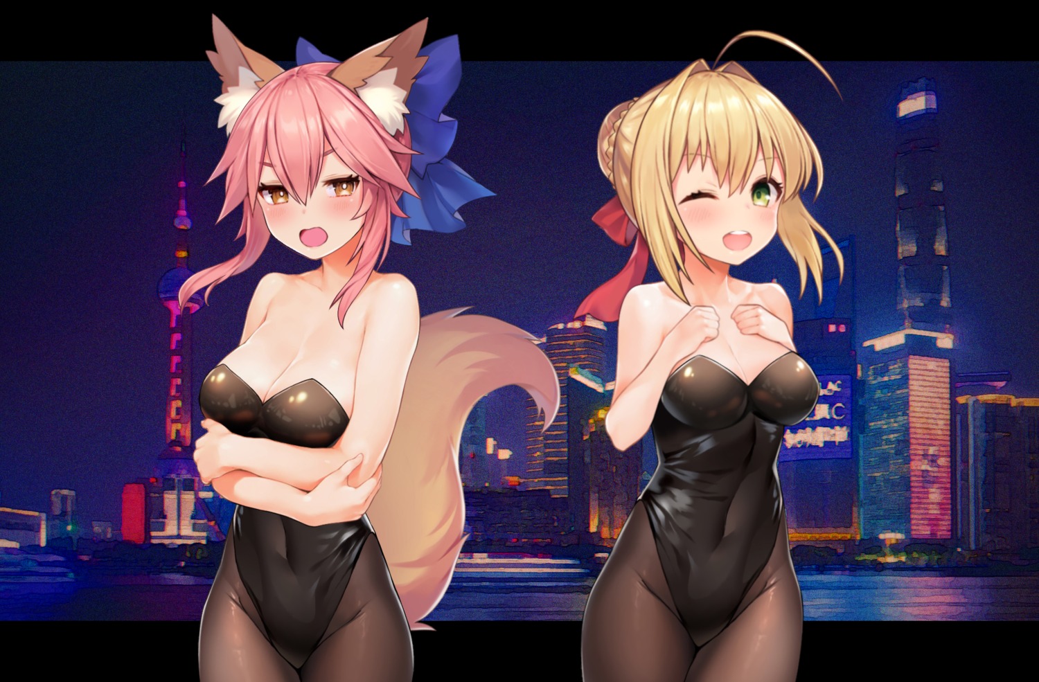 animal_ears breast_hold fate/grand_order kitsune no_bra pantyhose saber_extra tail tamamo_no_mae yoshinobori