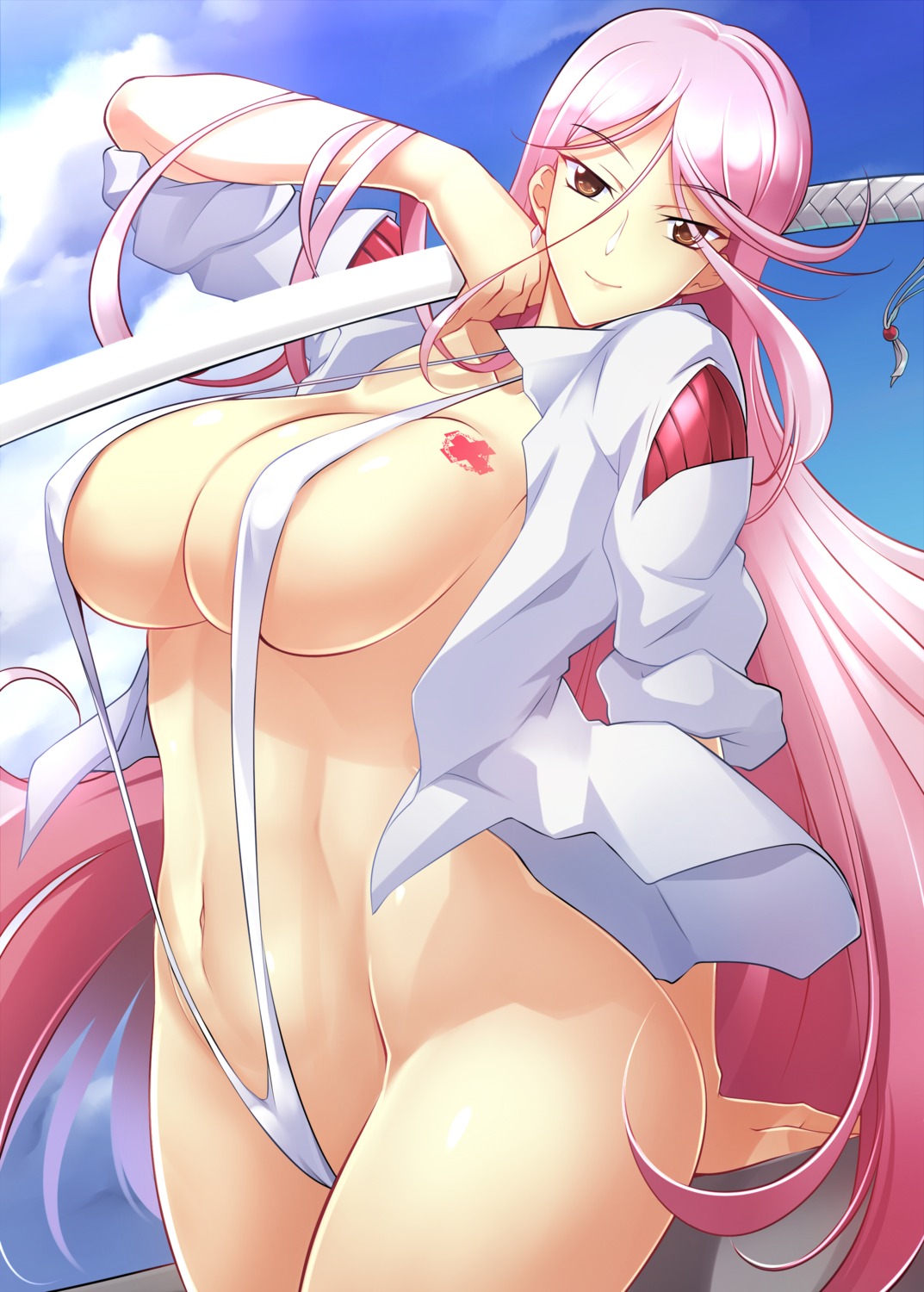 cameltoe erect_nipples haganef open_shirt sagiri_yuuko sling_bikini swimsuits sword tattoo triage_x