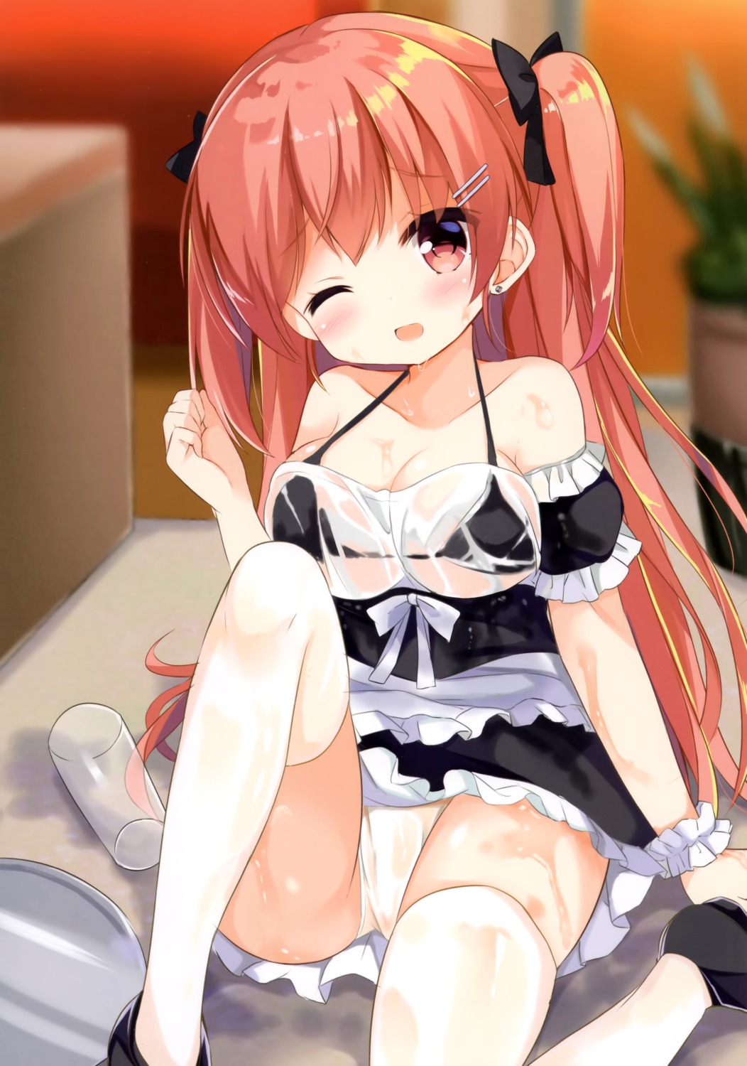 bra garlicgirls heels kagami_shiori maid mimura_zaja pantsu see_through thighhighs wet wet_clothes