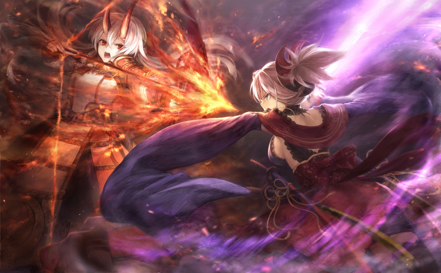 armor fate/grand_order horns japanese_clothes mashu_(003) miyamoto_musashi_(fate/grand_order) sword thighhighs tomoe_gozen_(fate/grand_order) weapon