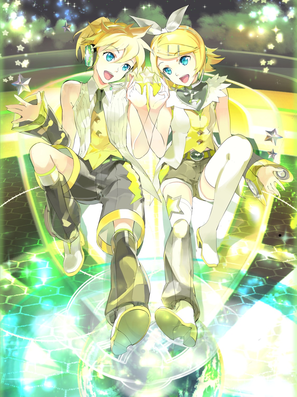 119 headphones heels kagamine_len kagamine_rin thighhighs vocaloid