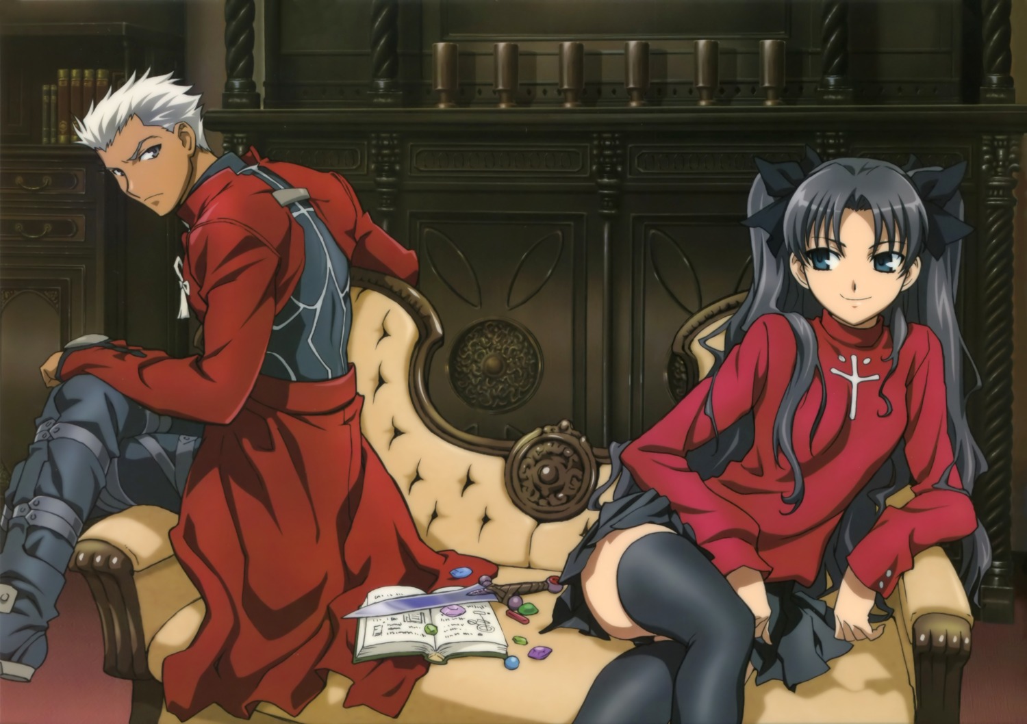 archer fate/stay_night fate/stay_night_unlimited_blade_works nishimura_hiroyuki thighhighs toosaka_rin weapon