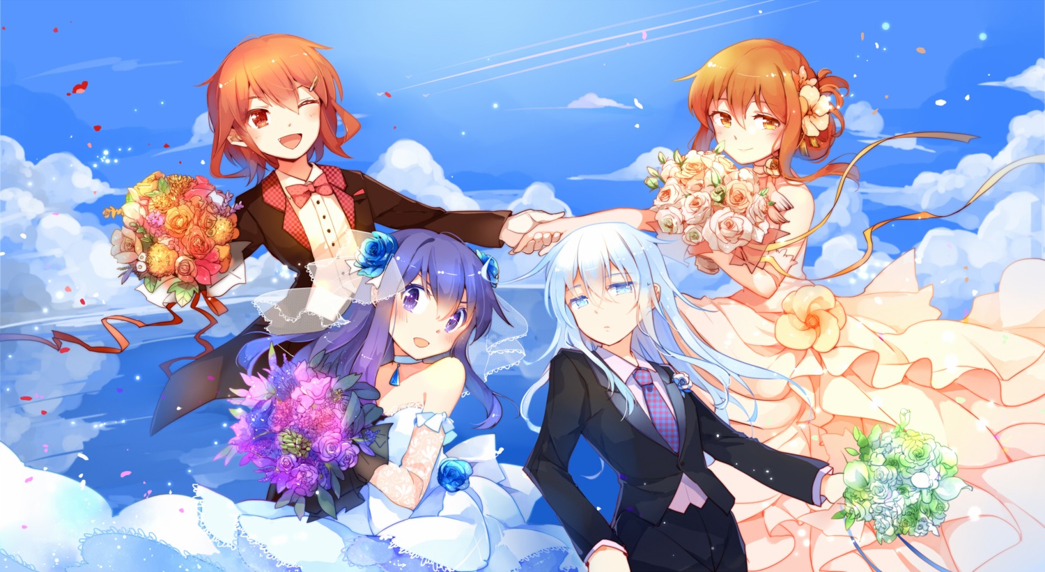 akatsuki_(kancolle) crossdress dress hibiki_(kancolle) ikazuchi_(kancolle) inazuma_(kancolle) kantai_collection kaze_yetworldview wedding_dress