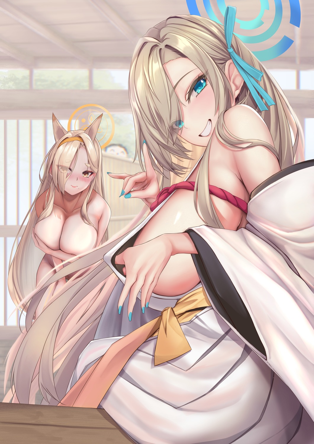 animal_ears ass blue_archive breast_hold cosplay halo ichinose_asuna japanese_clothes kitsune kuwakami_kaho naked nipples spekkio36