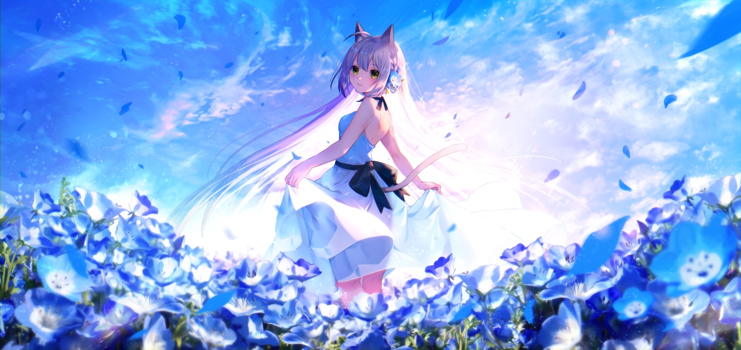 animal_ears dress nekomimi no_bra sadao4a see_through skirt_lift summer_dress tail