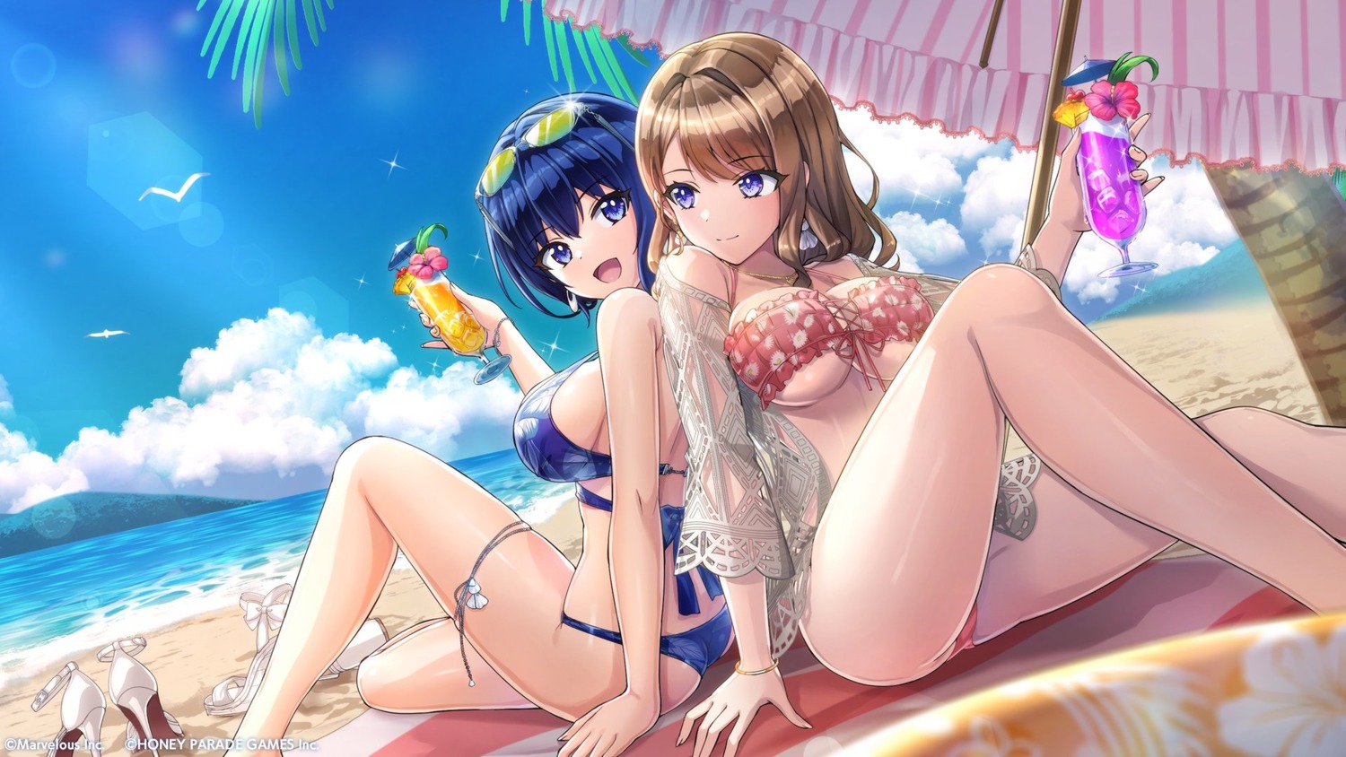 bikini dolphin_wave garter heels megane open_shirt suminoe_shion swimsuits takuji tojou_michiru wallpaper