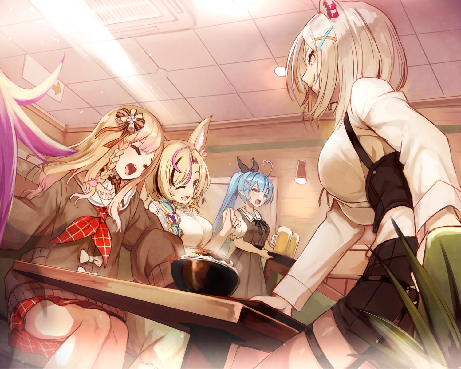 animal_ears elf garter hololive mano_aloe momosuzu_nene omaru_polka pointy_ears seifuku shishiro_botan skirt_lift sue_(bg-bros) sweater yukihana_lamy