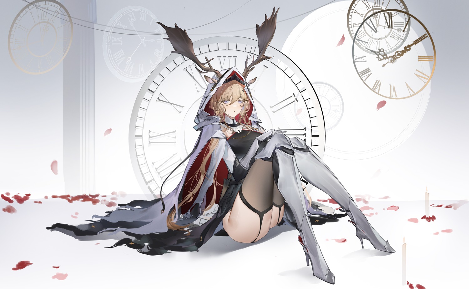 animal_ears arknights armor dress flantia heels horns nopan skirt_lift stockings thighhighs torn_clothes viviana_droste