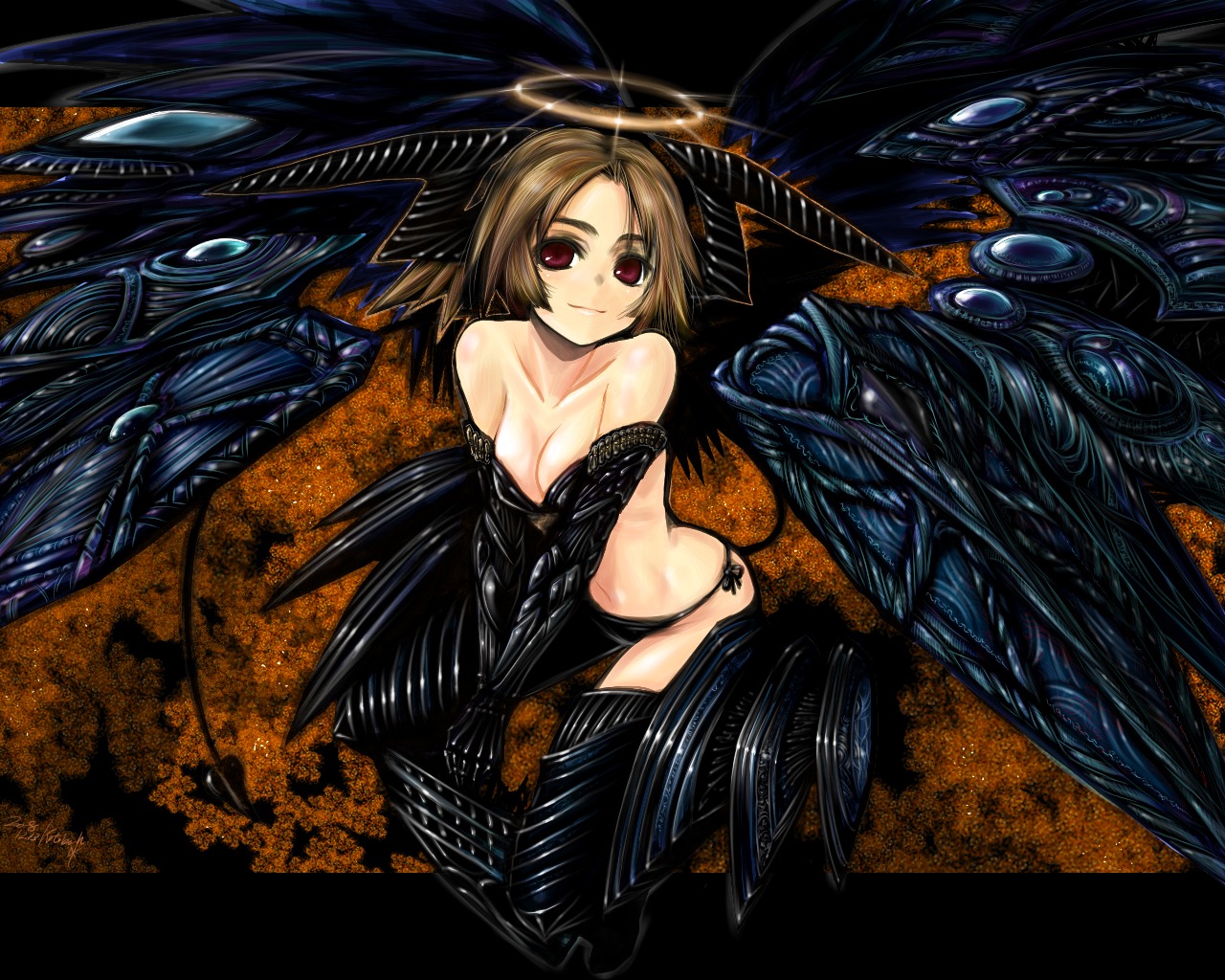 bikini_armor cleavage devil halo horns kotoba_noriaki tail thighhighs wallpaper wings