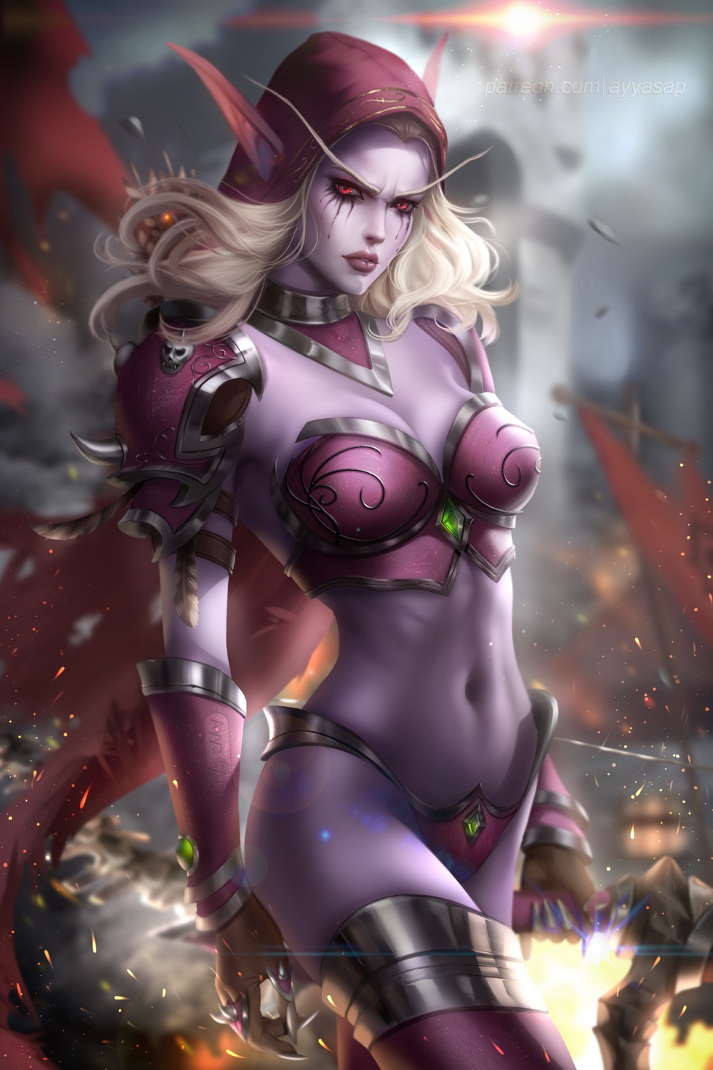 armor ayyasap bikini_armor cleavage elf pointy_ears sylvanas_windrunner thighhighs weapon world_of_warcraft