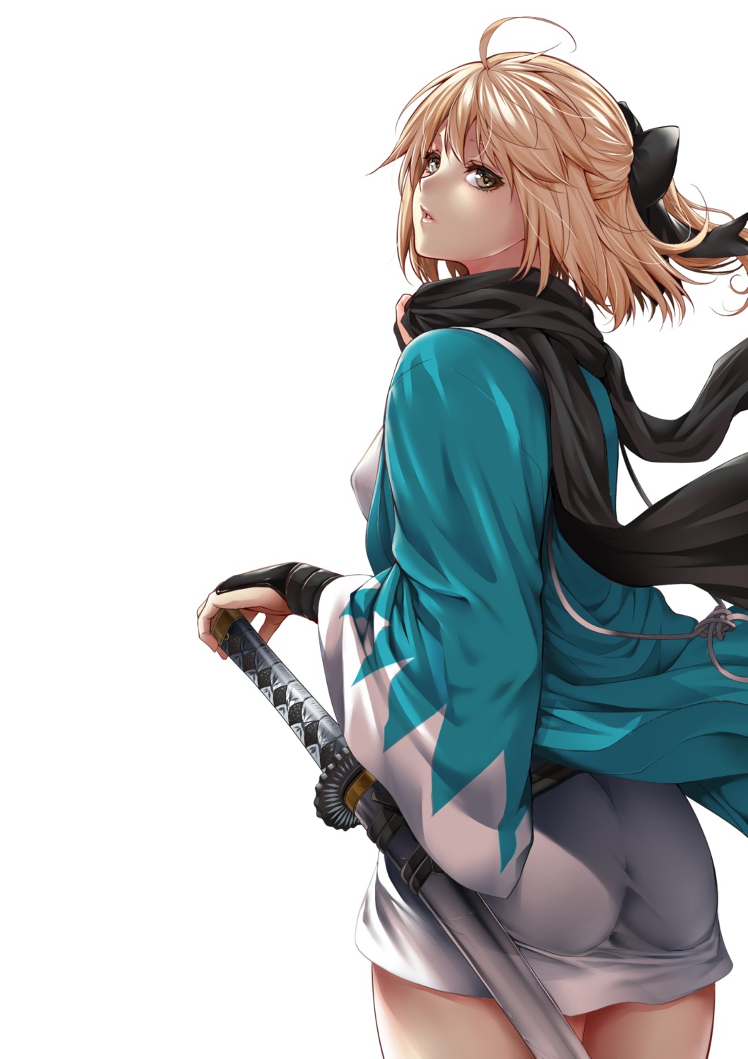 ass erect_nipples fate/grand_order japanese_clothes okita_souji_(fate) sword zucchini