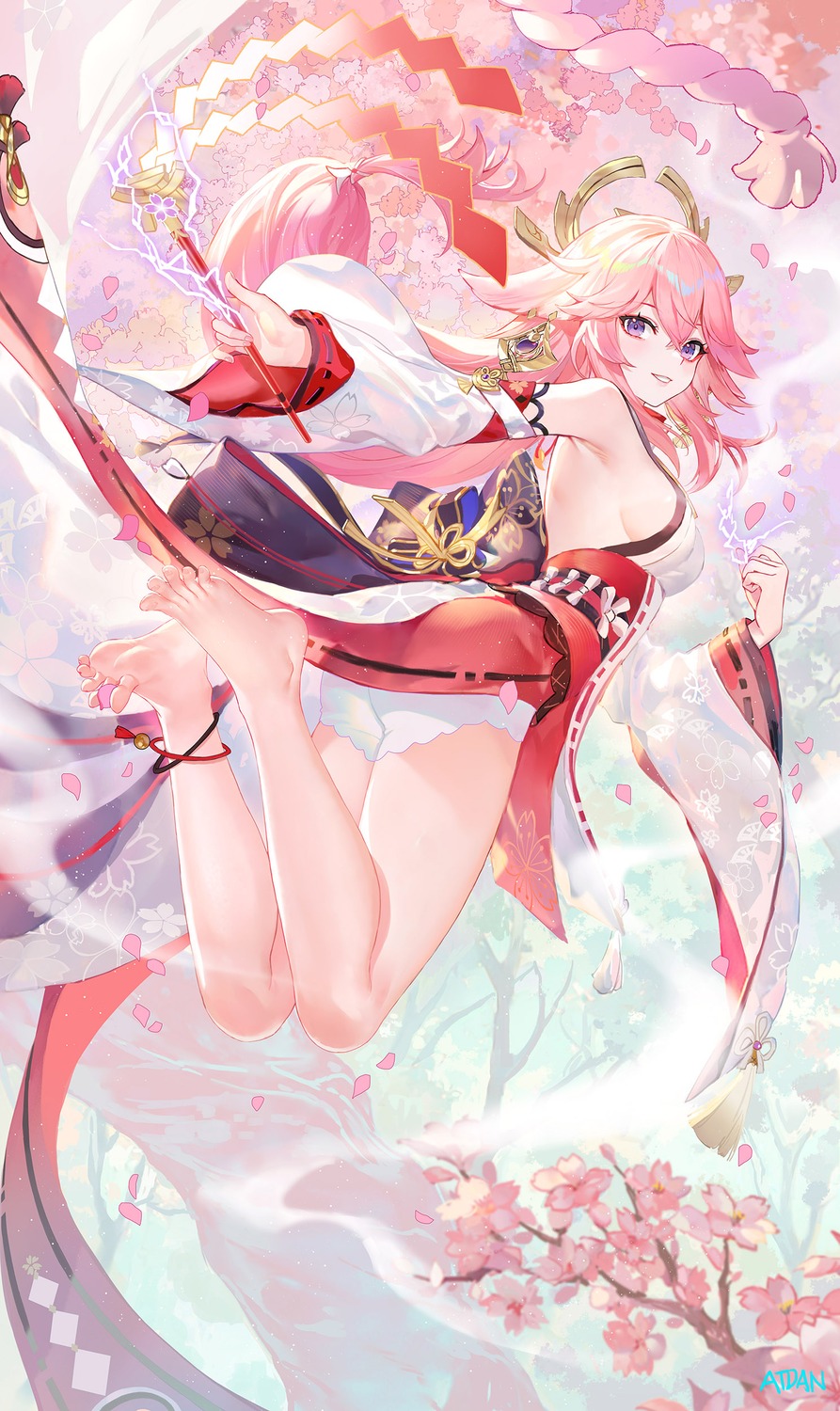 animal_ears atdan bloomers feet genshin_impact japanese_clothes kitsune no_bra skirt_lift yae_miko