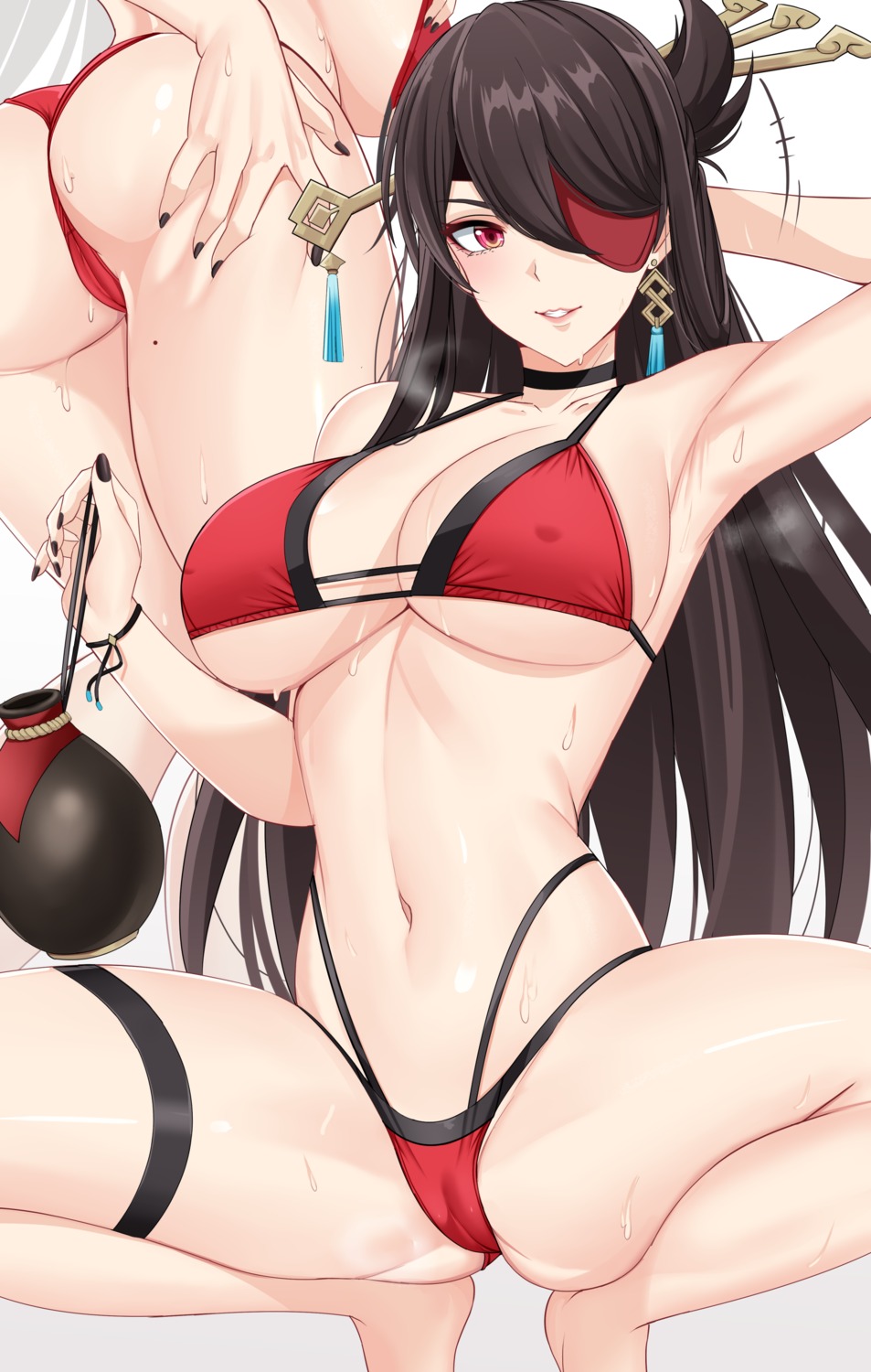 ass ass_grab beidou bikini cameltoe erect_nipples eyepatch garter genshin_impact noise_paper swimsuits thong