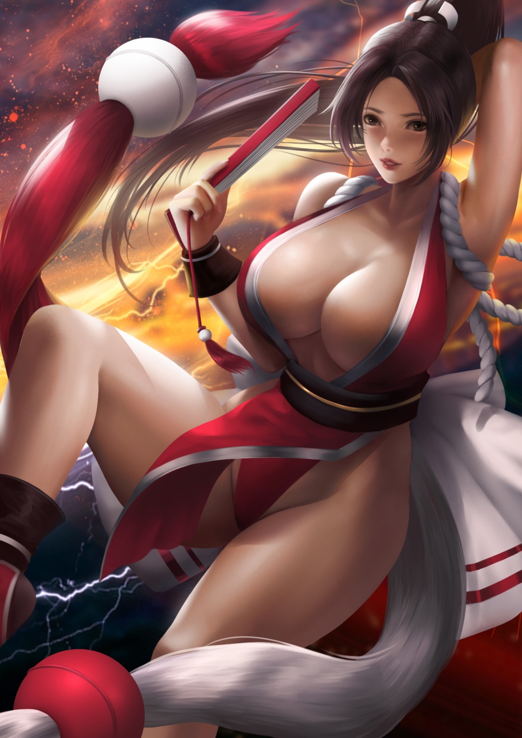 breasts japanese_clothes king_of_fighters no_bra open_shirt pantsu shiranui_mai skirt_lift z:d