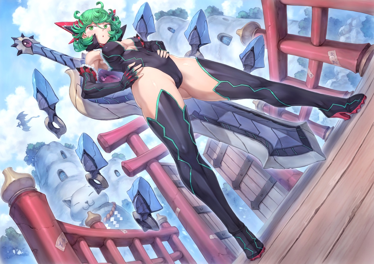 cameltoe heels leotard mogudan no_bra one_punch_man sword tatsumaki_(one_punch_man) thighhighs weapon