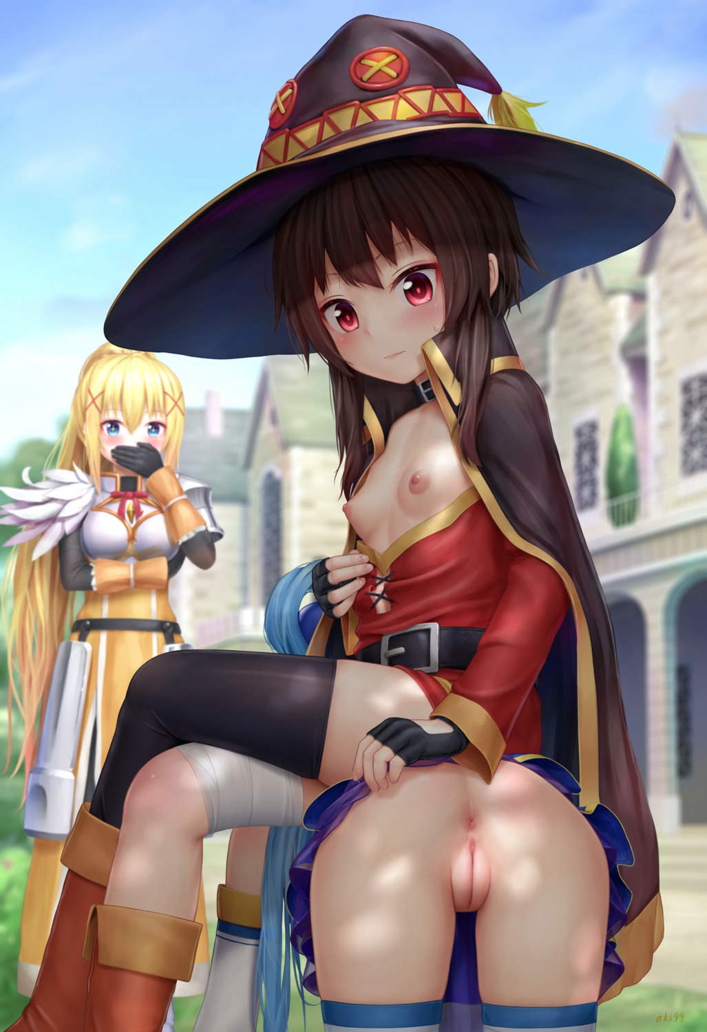 aki99 anus aqua_(konosuba) armor ass bandages dustiness_ford_raratina kono_subarashii_sekai_ni_shukufuku_wo! loli megumin nipples no_bra nopan open_shirt pussy thighhighs uncensored witch