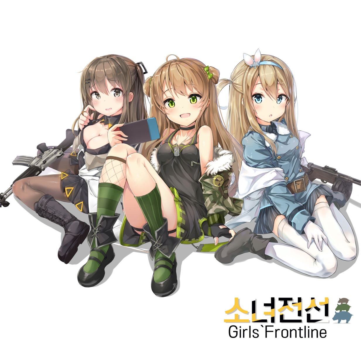 cleavage girls_frontline gun j_young k-2_(girls_frontline) pantyhose rfb_(girls_frontline) suomi_kp31_(girls_frontline) thighhighs weapon