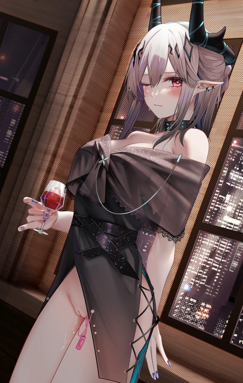 arknights dress horns mudrock_(arknights) no_bra nopan open_shirt pointy_ears pussy pussy_juice ru_zhai see_through uncensored vibrator