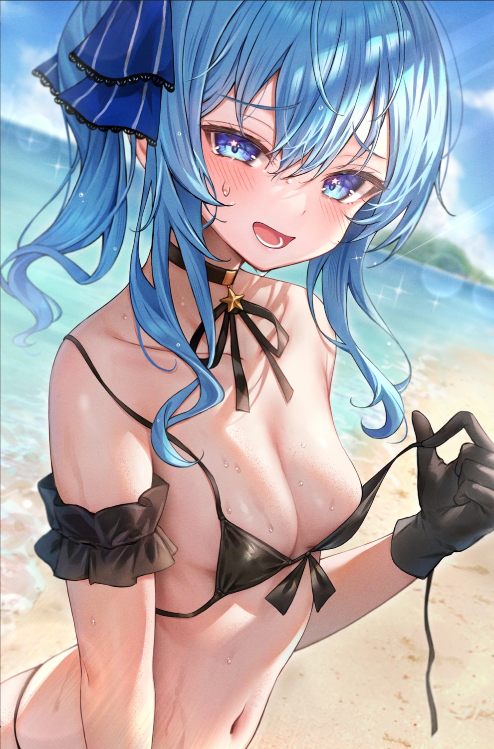 artist_revision bikini ebifurai_(r3mpuami) hololive hoshimachi_suisei swimsuits undressing wet