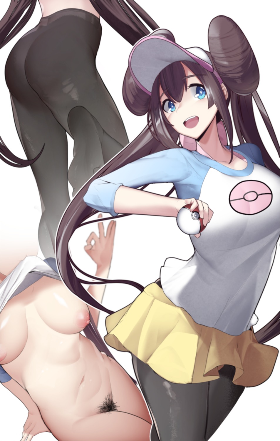 ass bottomless breasts feet mei_(pokemon) nipples no_bra pantyhose pokemon pokemon_b2w2 pubic_hair sha_(amfil100) shirt_lift