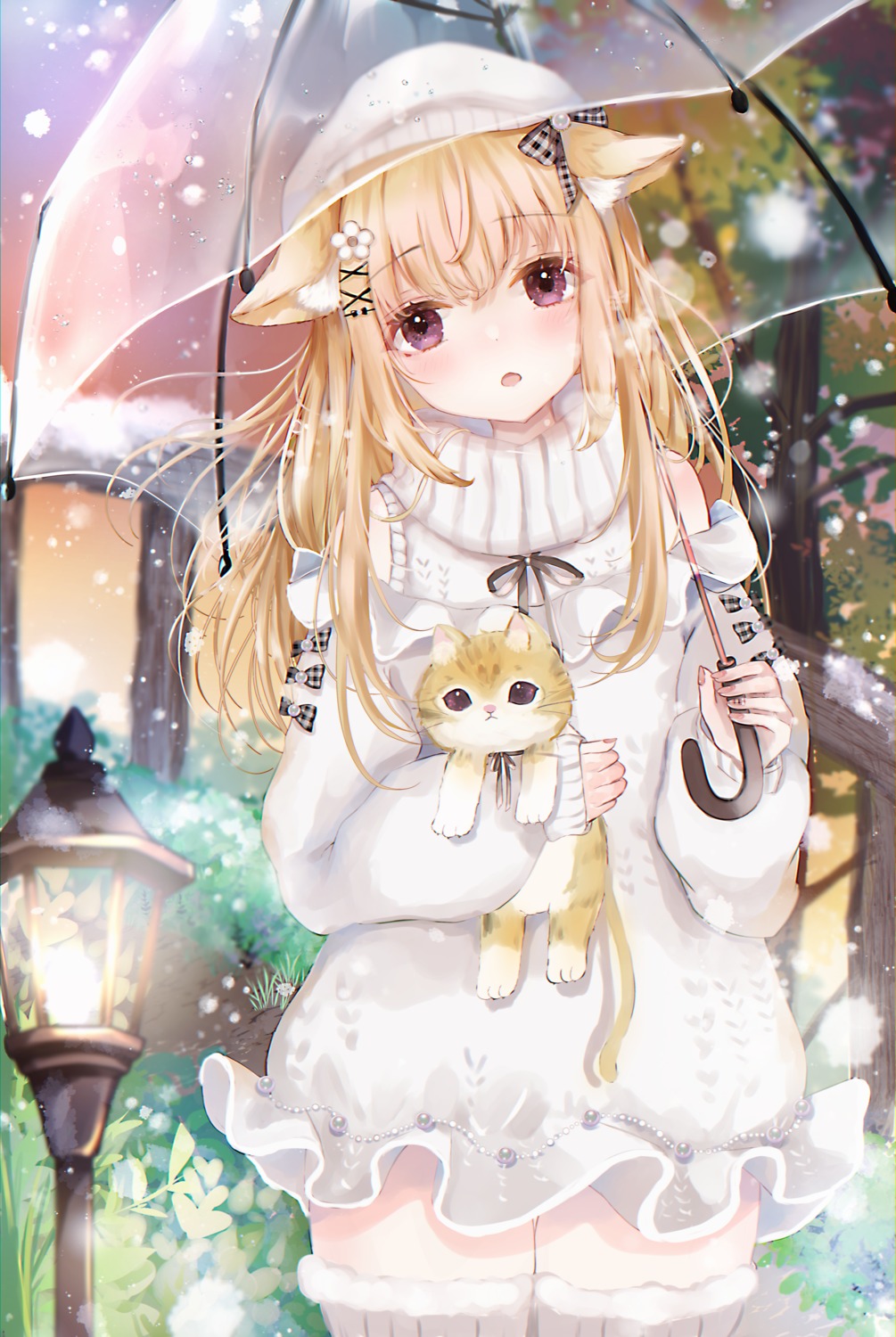 animal_ears dress neko nekomimi sakura_mochiko sweater thighhighs umbrella