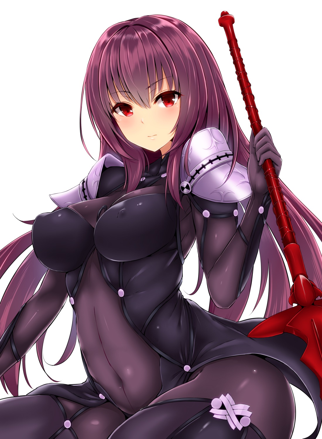 armor bodysuit erect_nipples fate/grand_order mitsukazu_(nijigen_complex) no_bra scathach_(fate/grand_order) thighhighs weapon