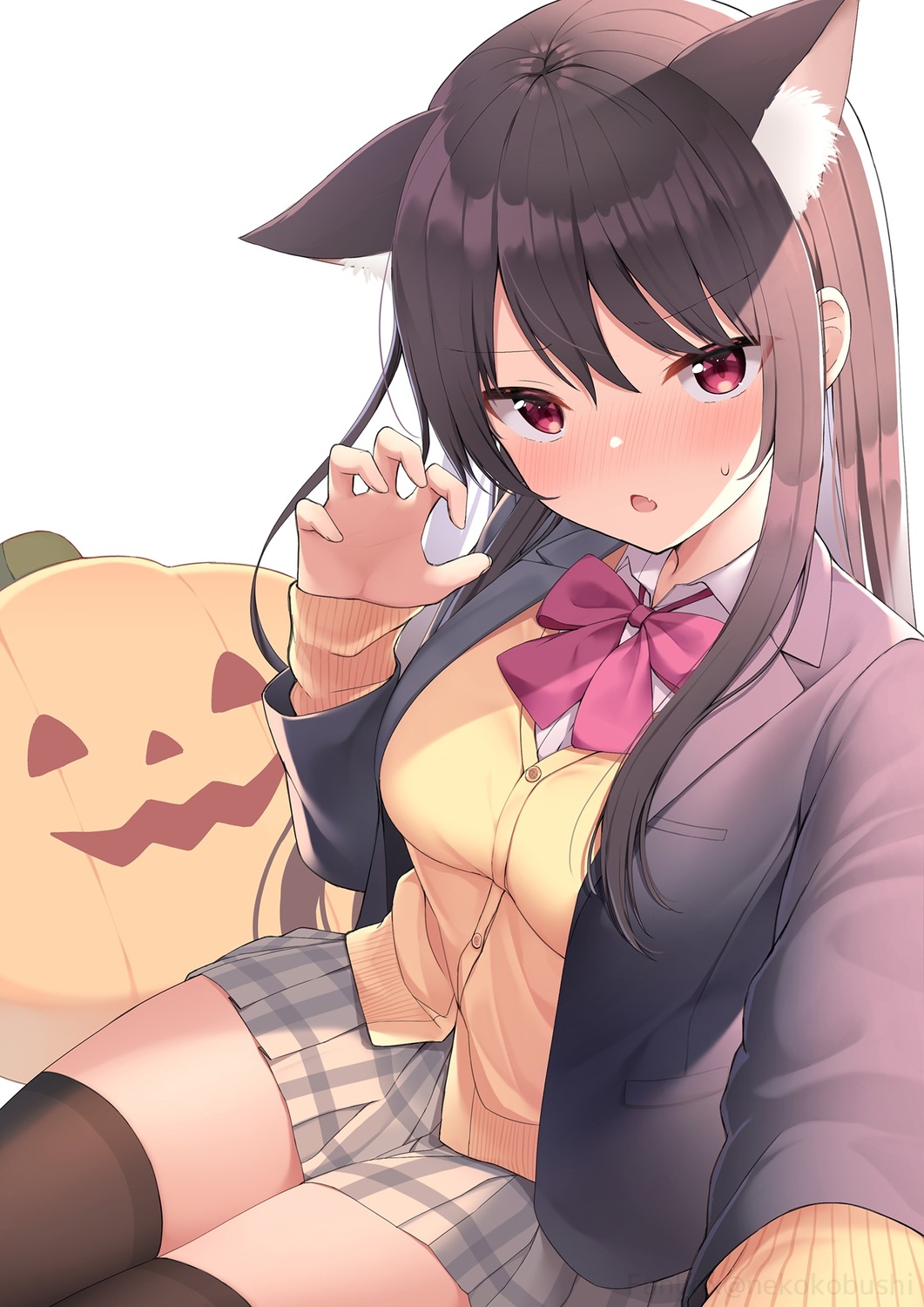 animal_ears halloween nekokobushi seifuku selfie sweater thighhighs