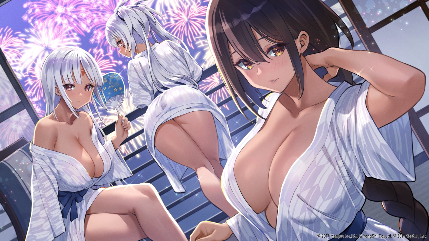 alabama_(azur_lane) ass azur_lane hori_(hori_no_su) massachusetts_(azur_lane) no_bra open_shirt skirt_lift south_dakota_(azur_lane) tattoo yukata