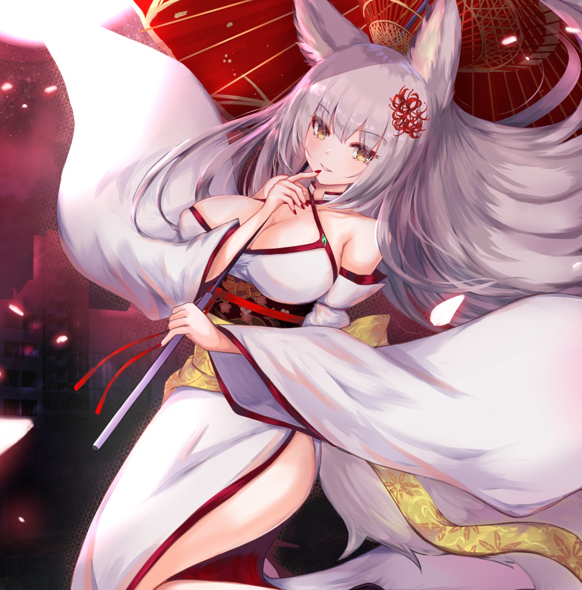 breast_hold cleavage erect_nipples japanese_clothes kitsune no_bra tail umbrella vierzeck