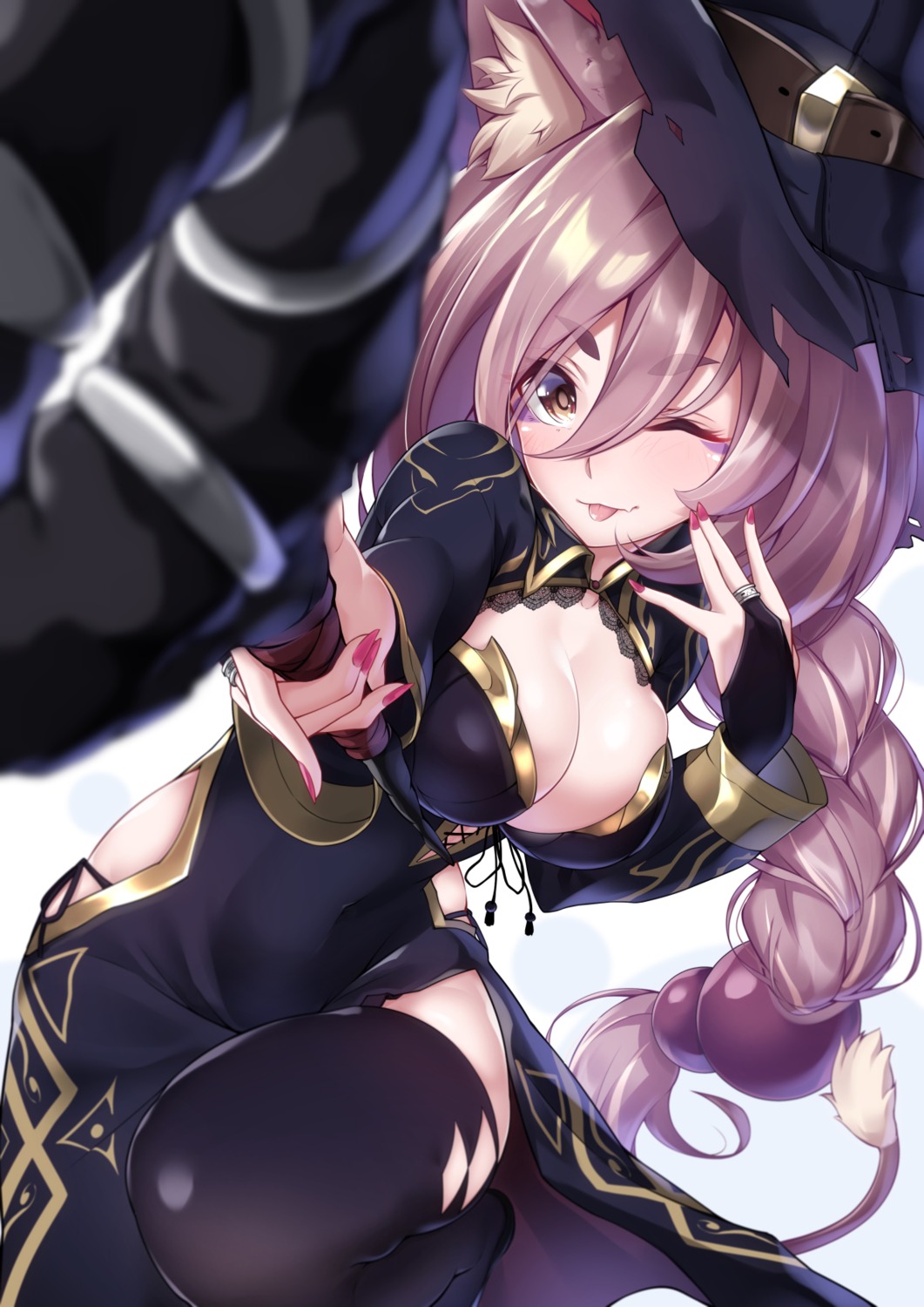 animal_ears cleavage dress no_bra pantsu stockings string_panties tail takatsun thighhighs weapon witch