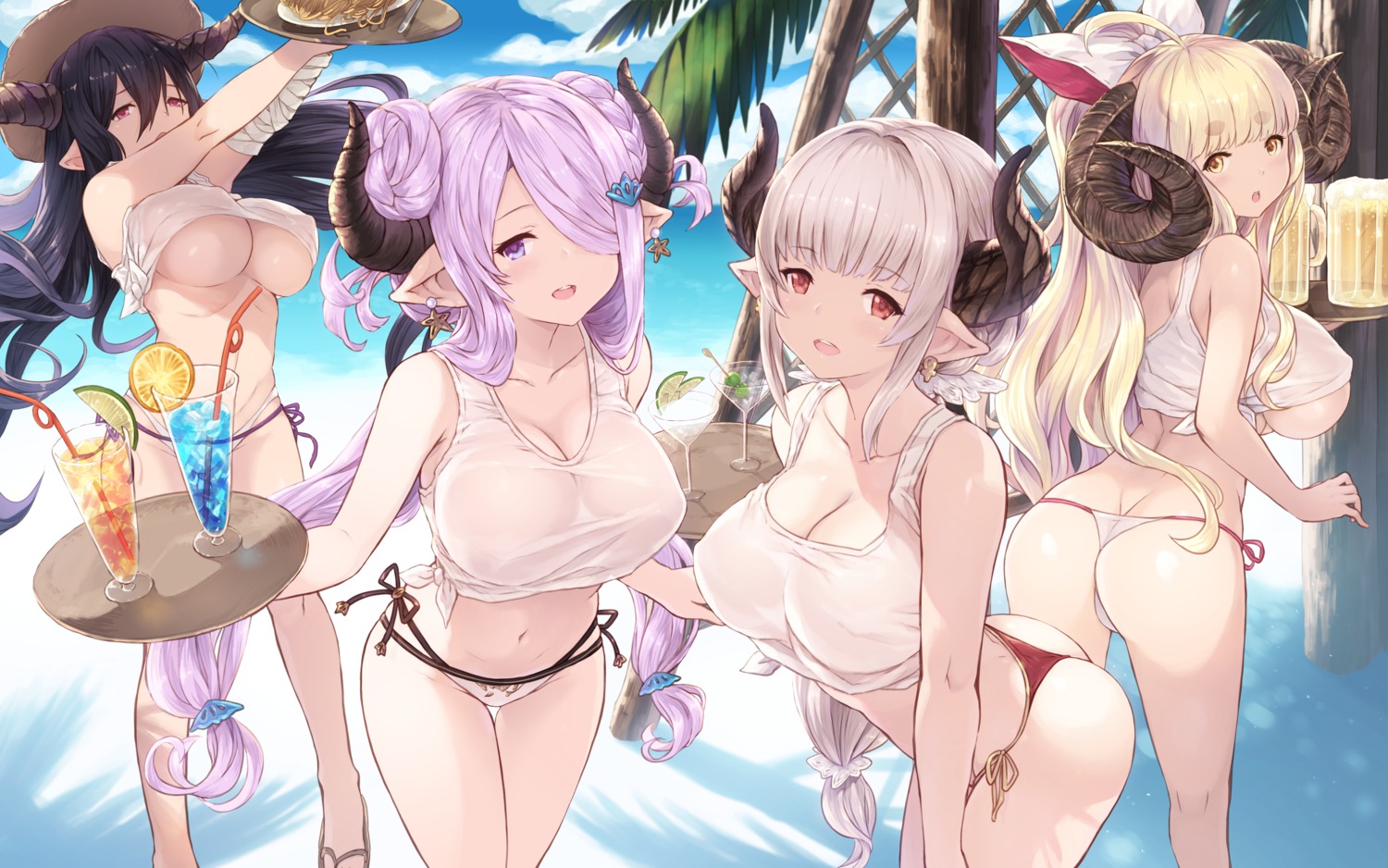 alicia_(granblue_fantasy) anila_(granblue_fantasy) ass cait cleavage danua erect_nipples granblue_fantasy horns narumeia_(granblue_fantasy) no_bra pointy_ears shirt_lift swimsuits thong underboob