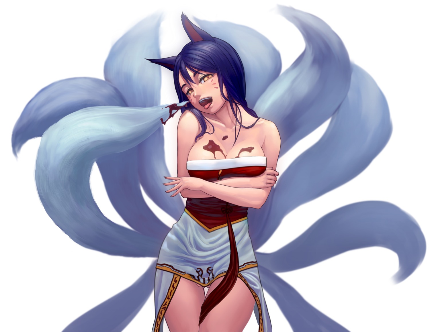 ahri animal_ears cleavage cream kitsune lasterk league_of_legends nopan tail