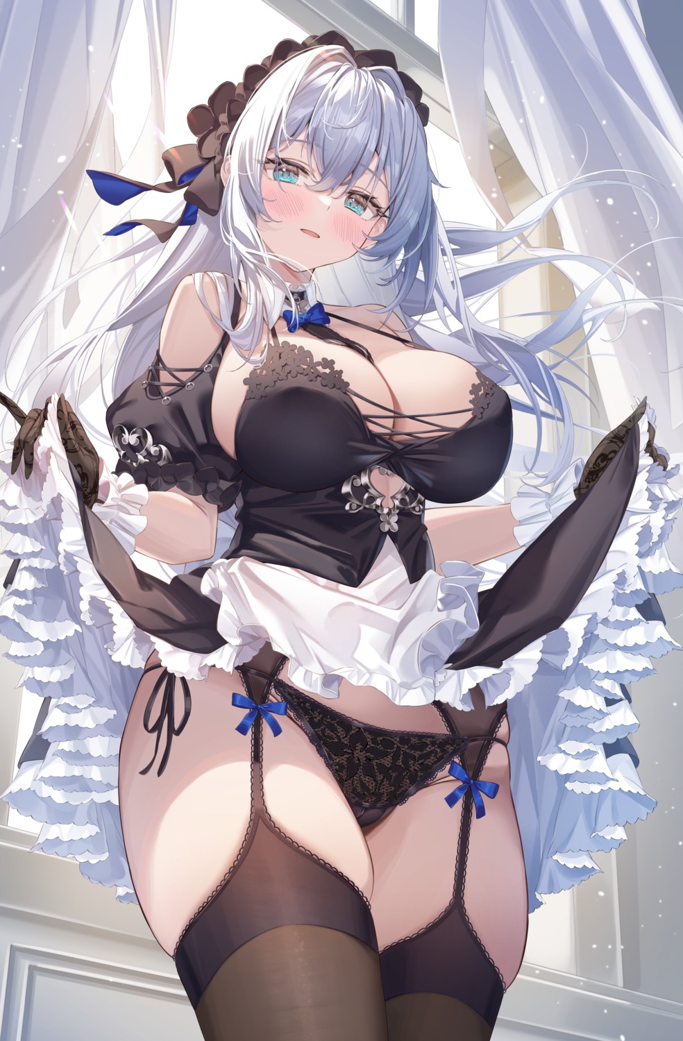 cameltoe erect_nipples maid no_bra pantsu sg_(satoumogumogu) sion_alfine_(sg) skirt_lift stockings string_panties thighhighs