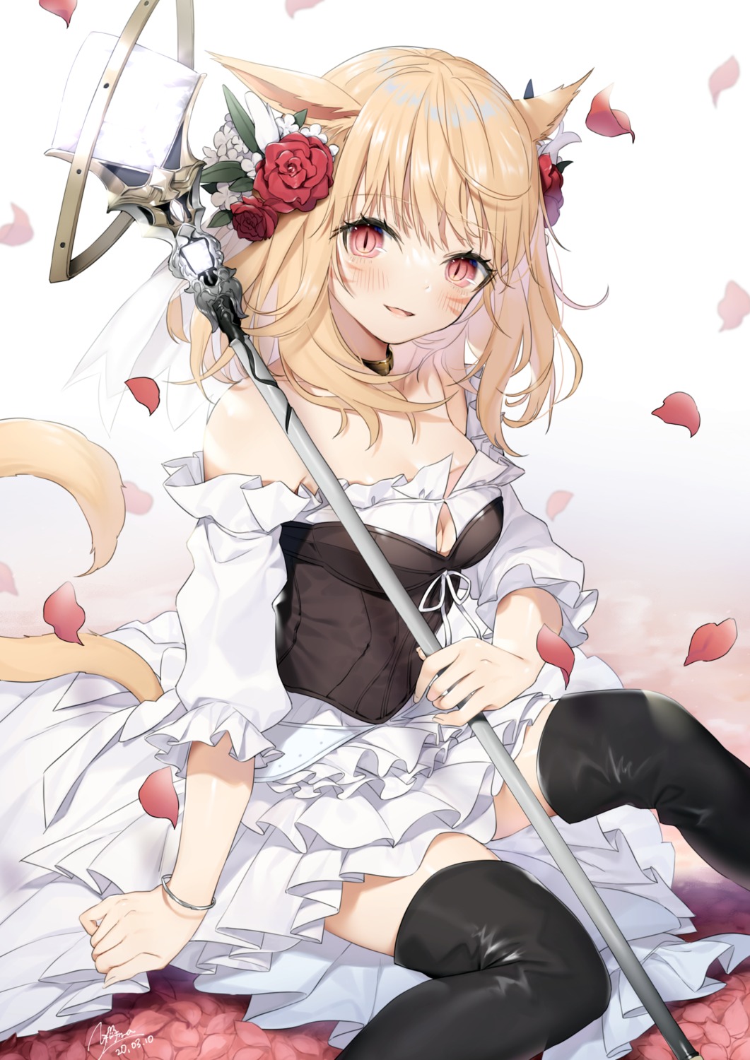 animal_ears final_fantasy final_fantasy_xiv miqo'te nekomimi no_bra tail thighhighs weapon yana_mori