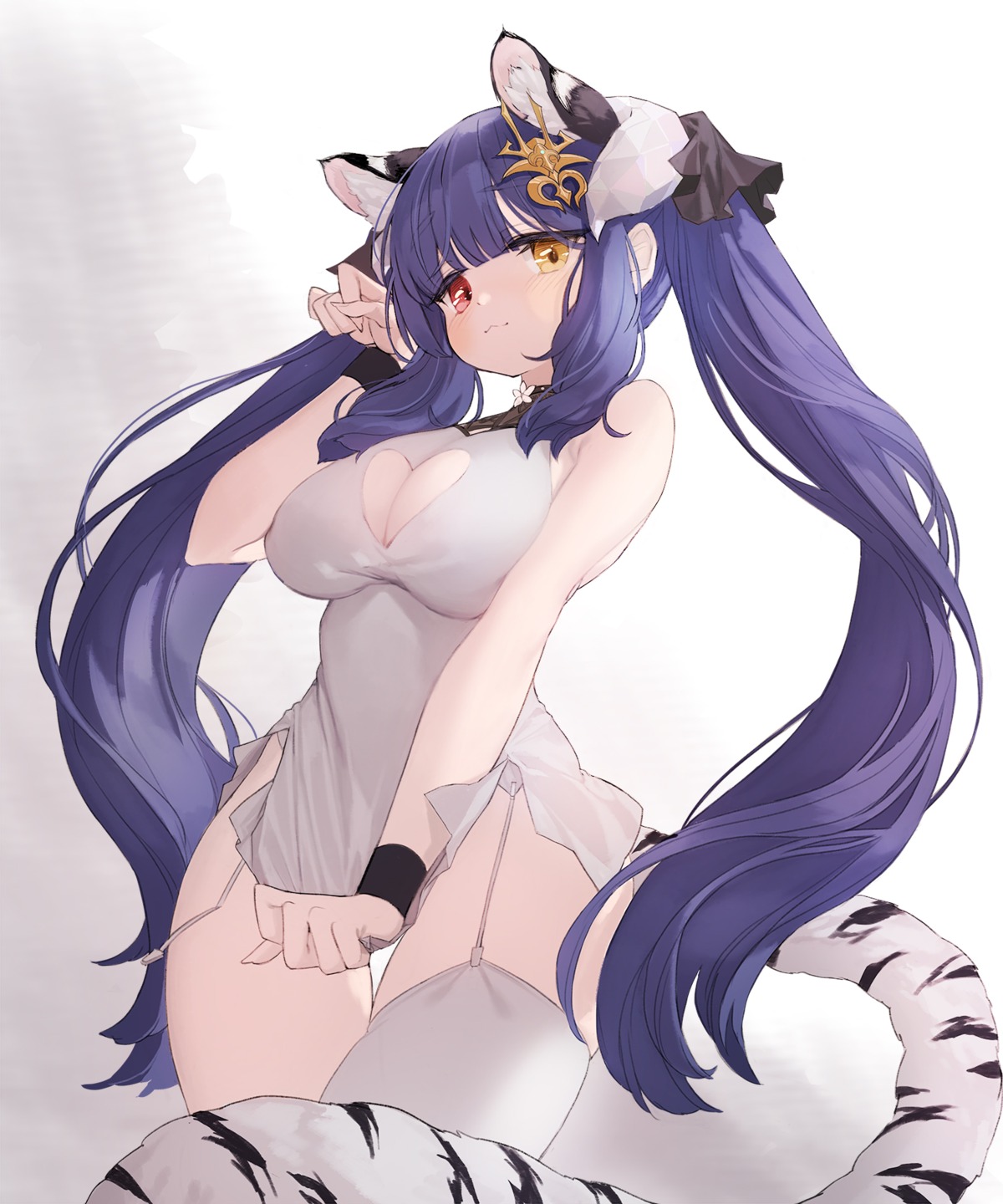 animal_ears cleavage dress heterochromia kuzel_(bonolangje) no_bra ruthenium77's_character stockings tail thighhighs